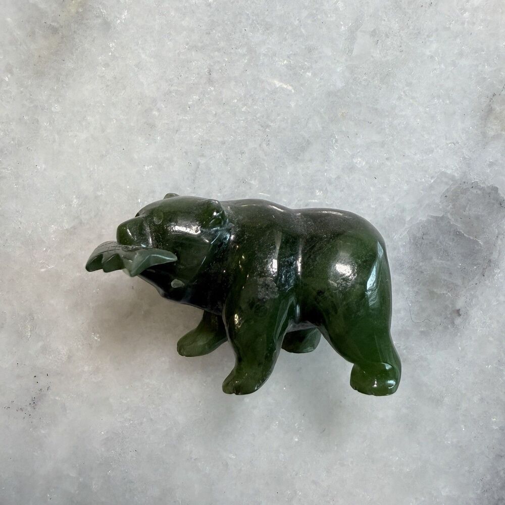 Vintage Green Nephrite Jade Figurine Bear With Fish in Mouth Trinket